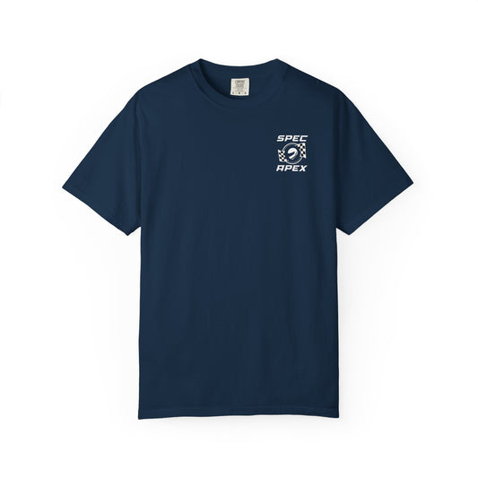 Navy blue t-shirt with a white logo on a white background